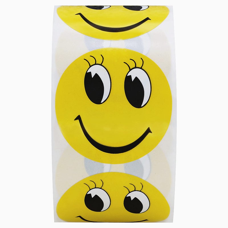Hybsk Yellow Happy Face with Eyelash Happy Stickers 1.5" Round Teacher Labels 500 Total Per Roll - Image 2
